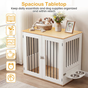 31.5â€ Dog Crate Furniture Wooden Dog Kennel with Double Lock Doors-White