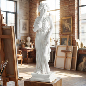 31.5 Inch Outdoor Greek Goddess Statue with Antique Finish and Column Base-White