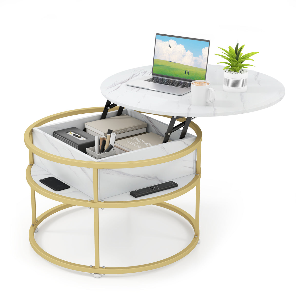 31.5 Inch Round Lift Top Coffee Table with Hidden Compartment and Side Shelves-White
