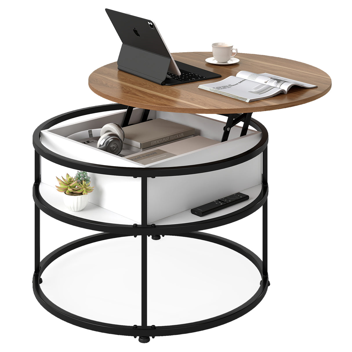 31.5 Inch Round Lift Top Coffee Table with Hidden Compartment and Side Shelves-Teak
