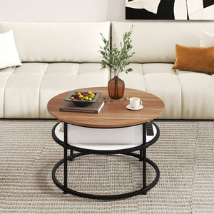 31.5 Inch Round Lift Top Coffee Table with Hidden Compartment and Side Shelves-Teak