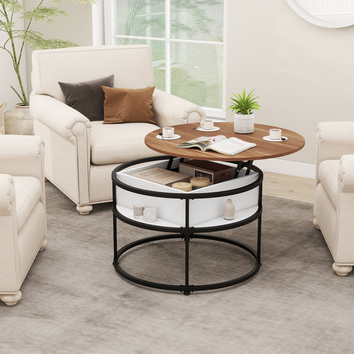 31.5 Inch Round Lift Top Coffee Table with Hidden Compartment and Side Shelves-Teak