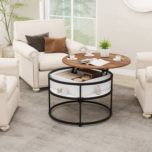 31.5 Inch Round Lift Top Coffee Table with Hidden Compartment and Side Shelves-Teak