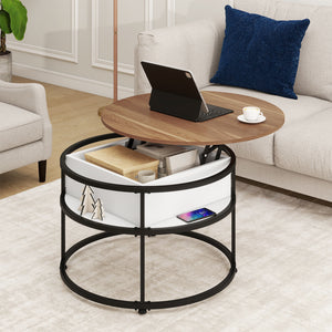 31.5 Inch Round Lift Top Coffee Table with Hidden Compartment and Side Shelves-Teak