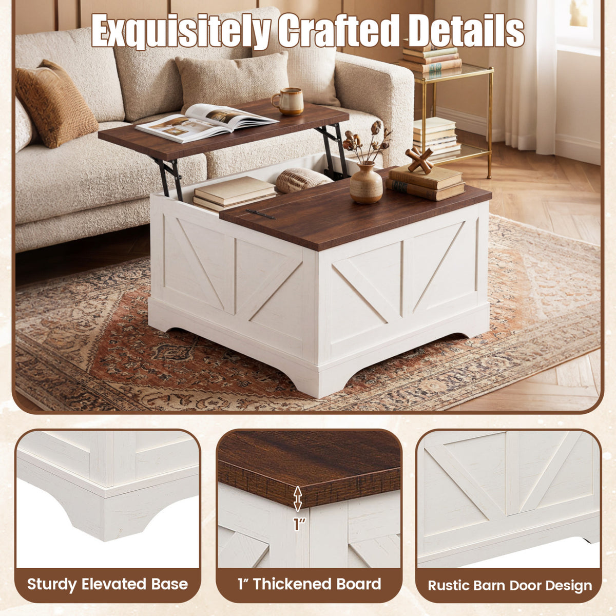31.5 Inch Square Coffee Table with Lifting Tabletop and Hidden Compartment-Rustic Brown