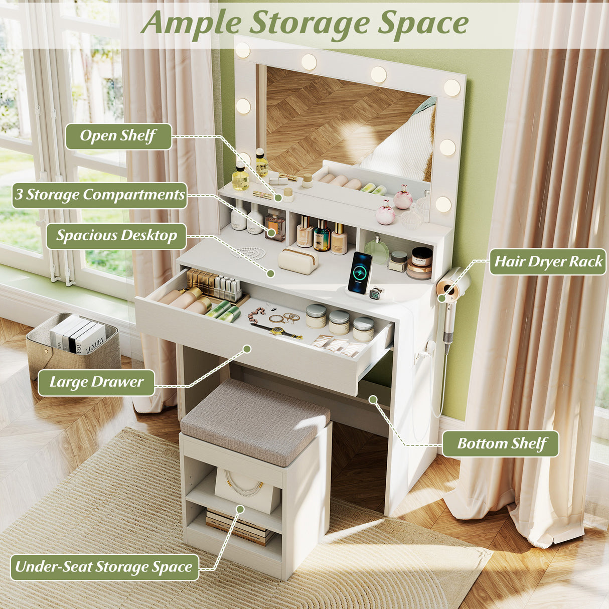 31.5 Inches Vanity Desk with 3 Lighting Modes and Storage Shelves-White