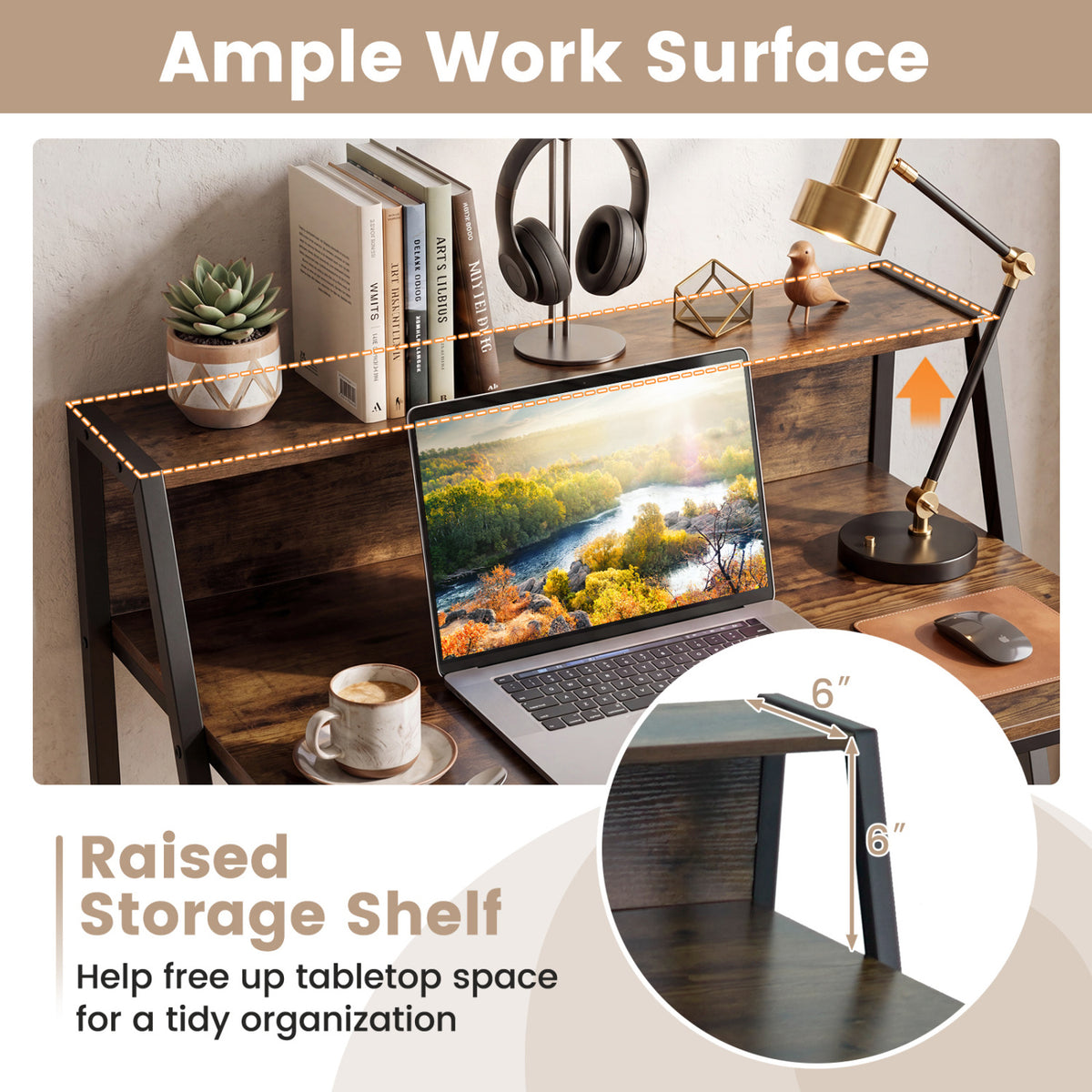 31.5" Industrial Desk with Raised Shelf Metal Frame-Rustic Brown