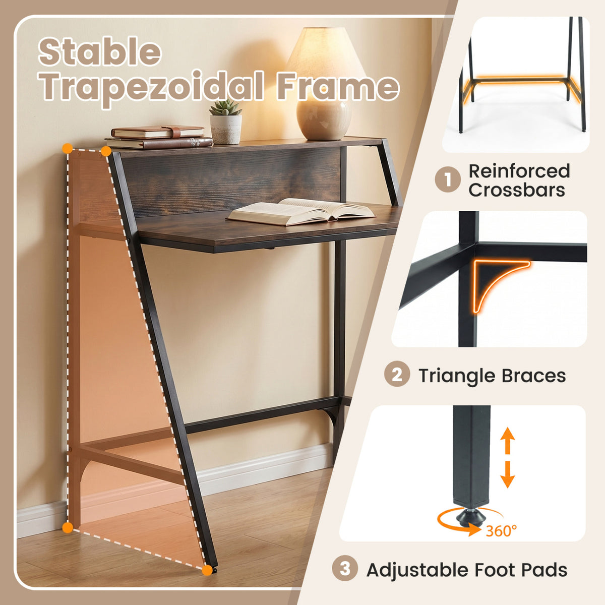 31.5" Industrial Desk with Raised Shelf Metal Frame-Rustic Brown