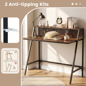 31.5" Industrial Desk with Raised Shelf Metal Frame-Rustic Brown