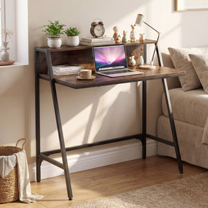 31.5" Industrial Desk with Raised Shelf Metal Frame-Rustic Brown