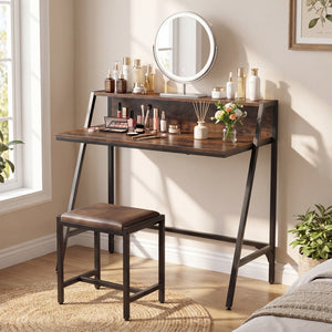 31.5" Industrial Desk with Raised Shelf Metal Frame-Rustic Brown