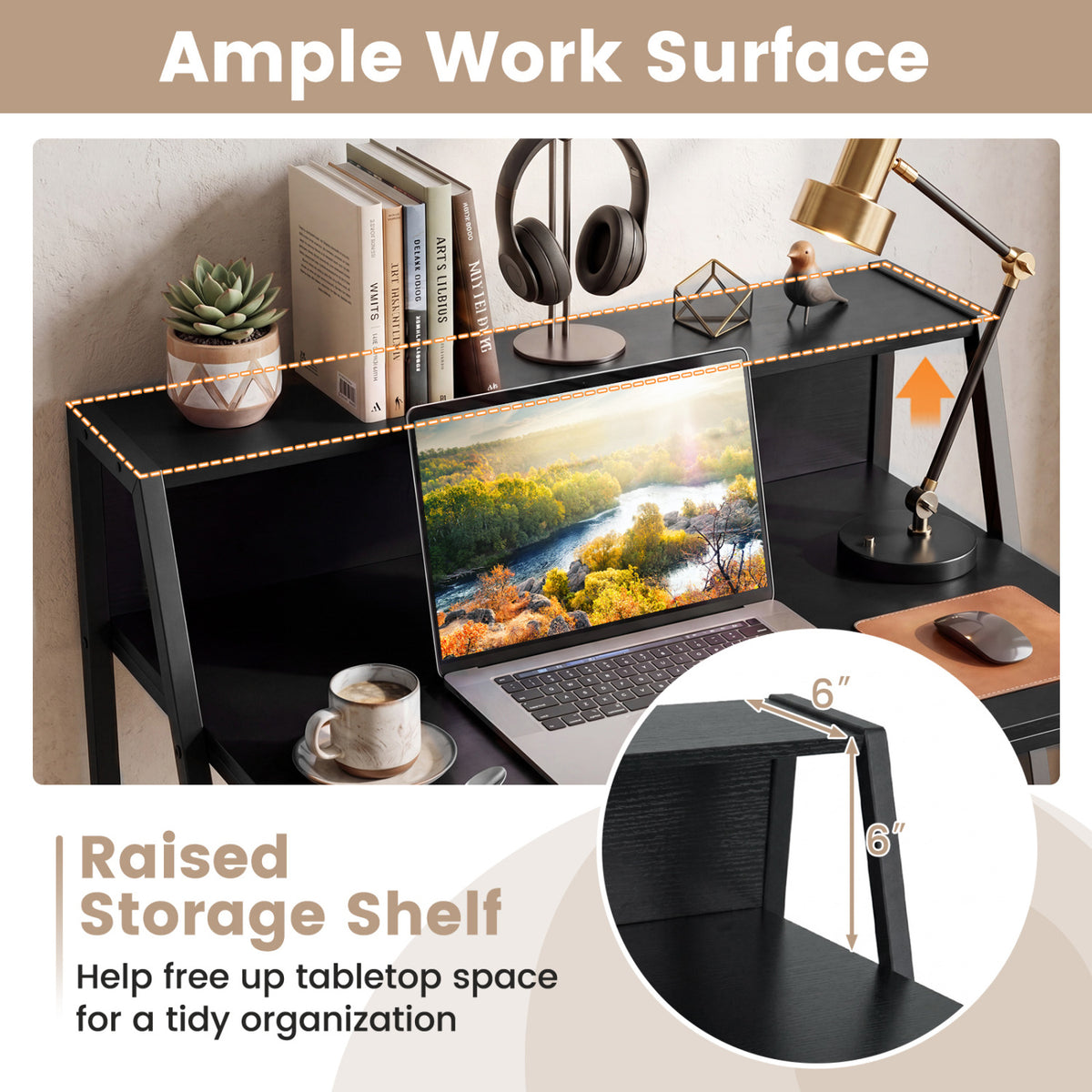 31.5" Industrial Desk with Raised Shelf Metal Frame-Black