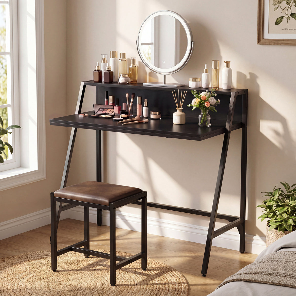 31.5" Industrial Desk with Raised Shelf Metal Frame-Black