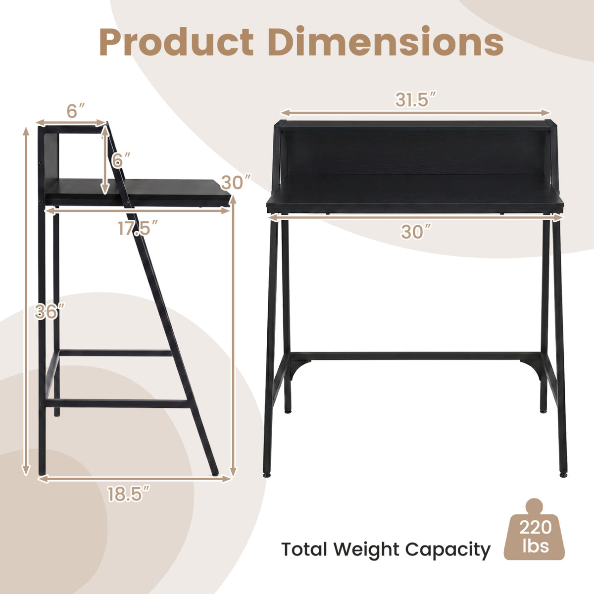 31.5" Industrial Desk with Raised Shelf Metal Frame-Black