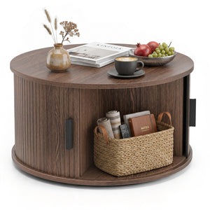 31.5" Round Coffee Table with Storage and Sliding Tambour Door for Living Room-Walnut