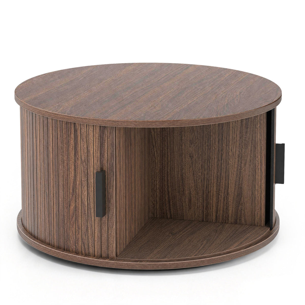 31.5" Round Coffee Table with Storage and Sliding Tambour Door for Living Room-Walnut