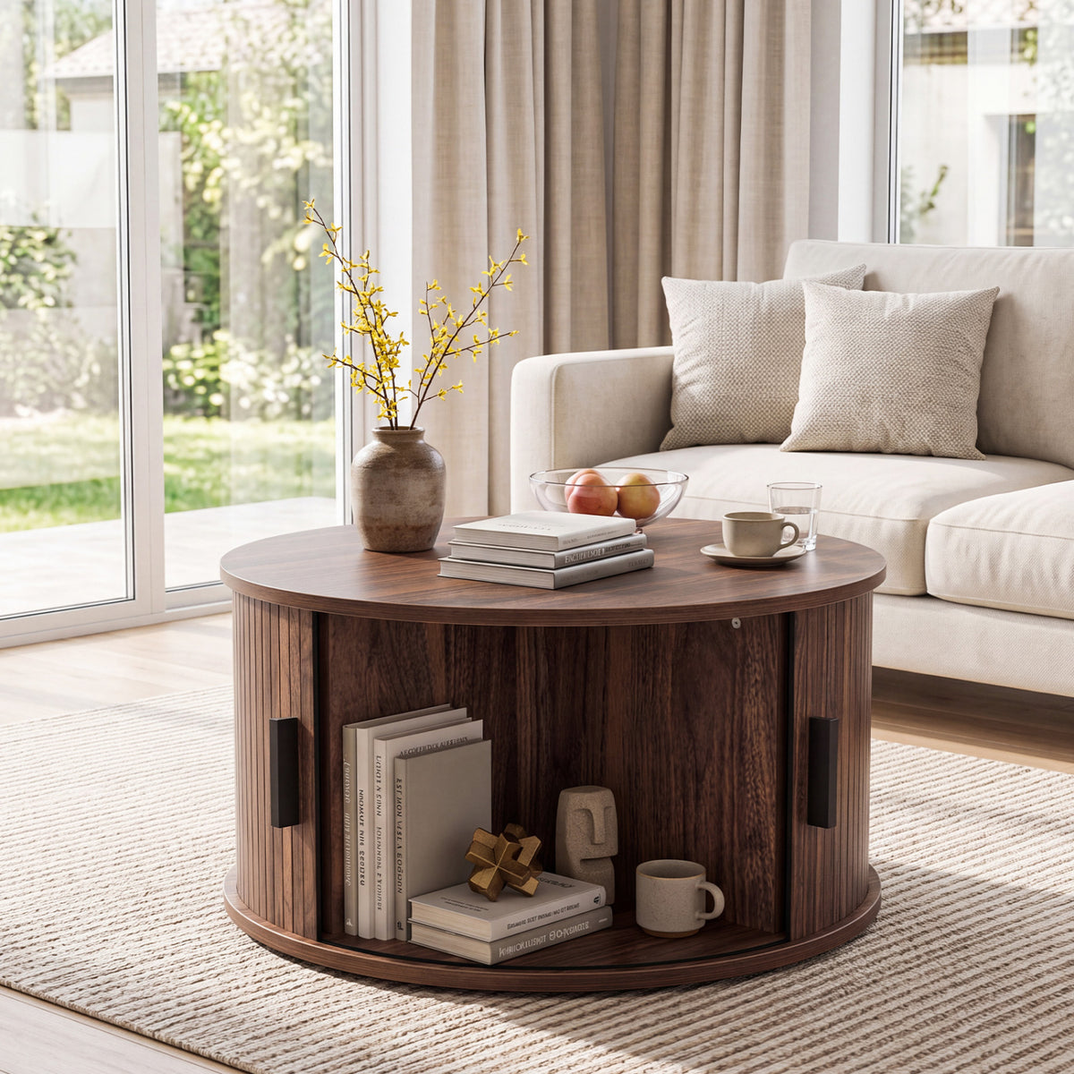 31.5" Round Coffee Table with Storage and Sliding Tambour Door for Living Room-Walnut