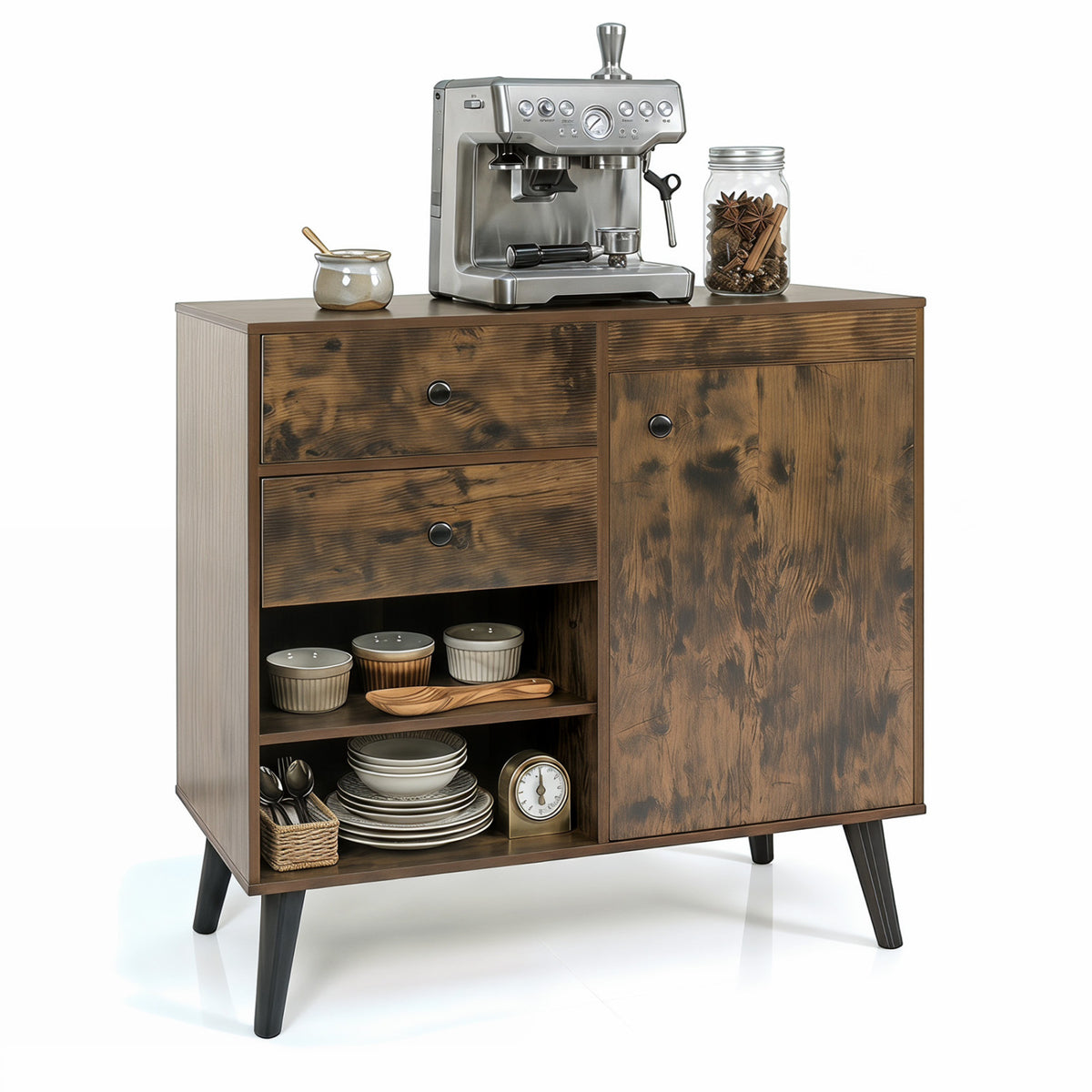 31" Sideboard Cabinet with 2 Open Compartments and 2 Drawers-Rustic Brown