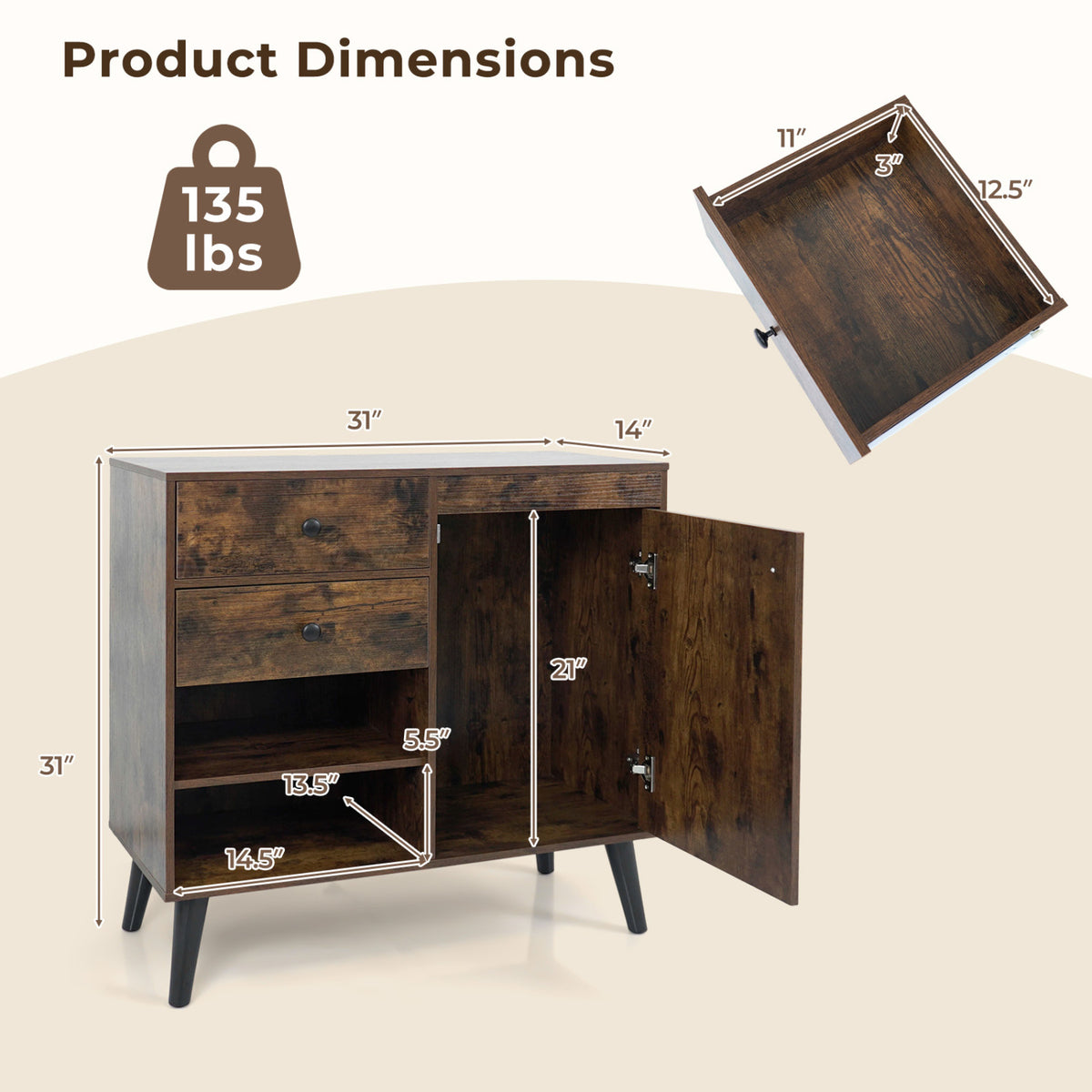 31" Sideboard Cabinet with 2 Open Compartments and 2 Drawers-Rustic Brown