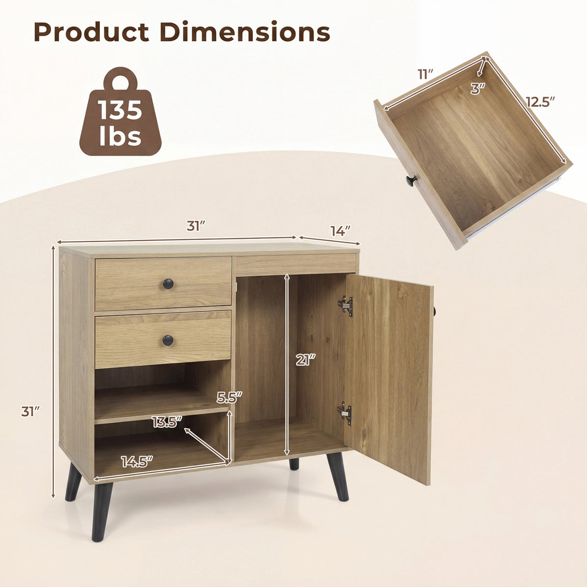 31" Sideboard Cabinet with 2 Open Compartments and 2 Drawers-Natrual