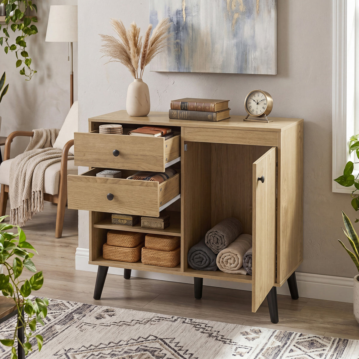 31" Sideboard Cabinet with 2 Open Compartments and 2 Drawers-Natrual