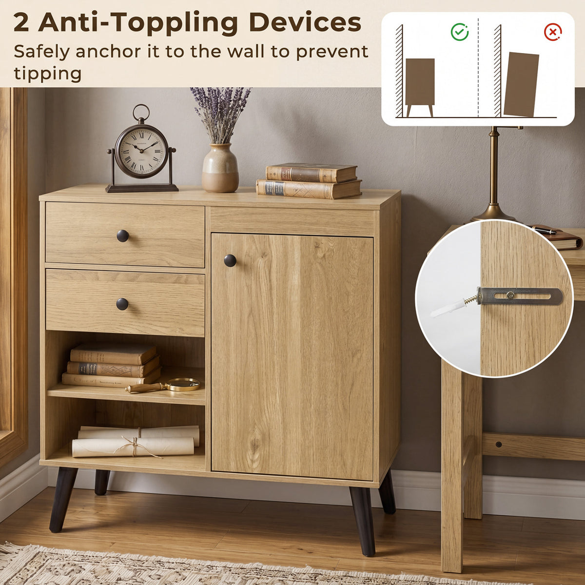 31" Sideboard Cabinet with 2 Open Compartments and 2 Drawers-Natrual