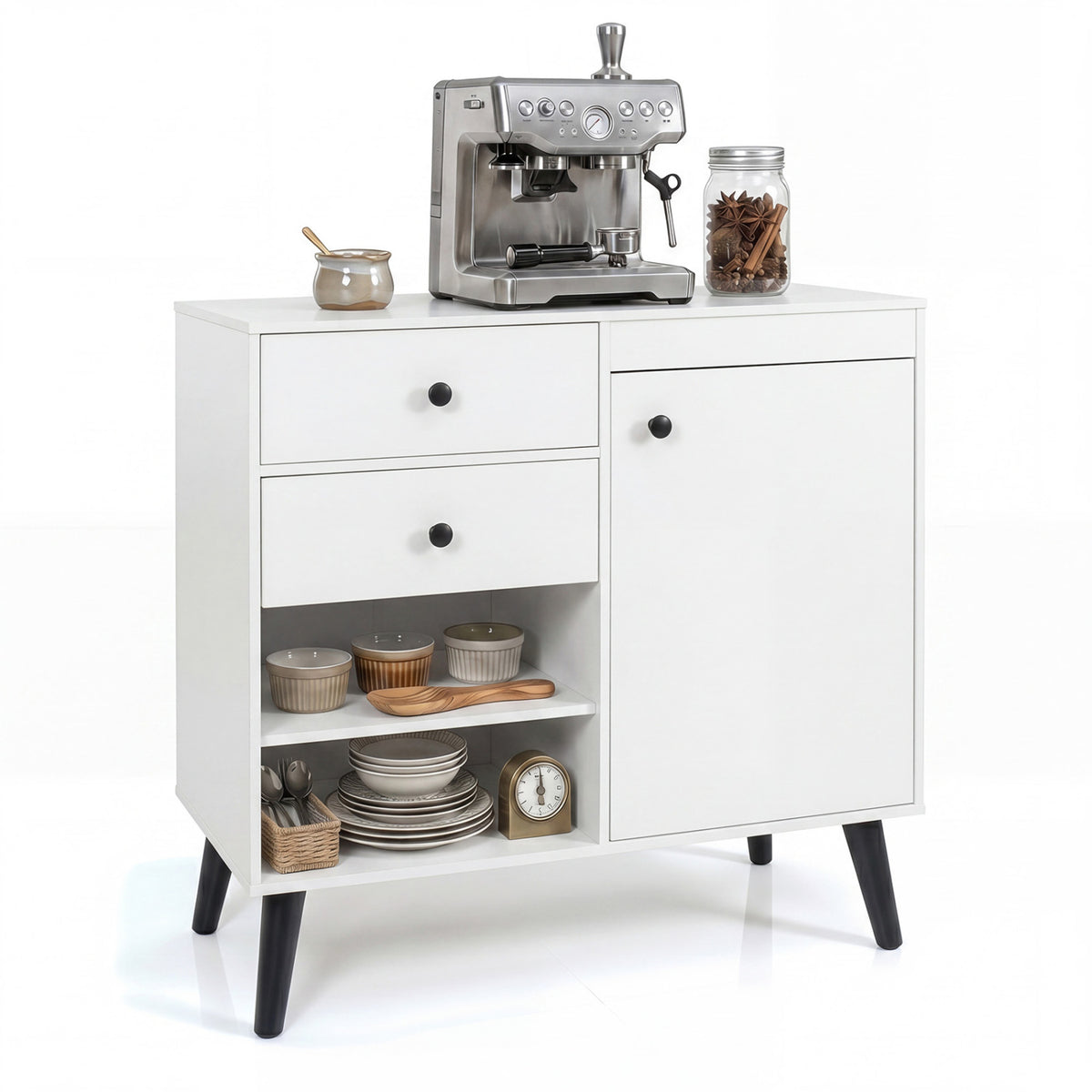 31" Sideboard Cabinet with 2 Open Compartments and 2 Drawers-White