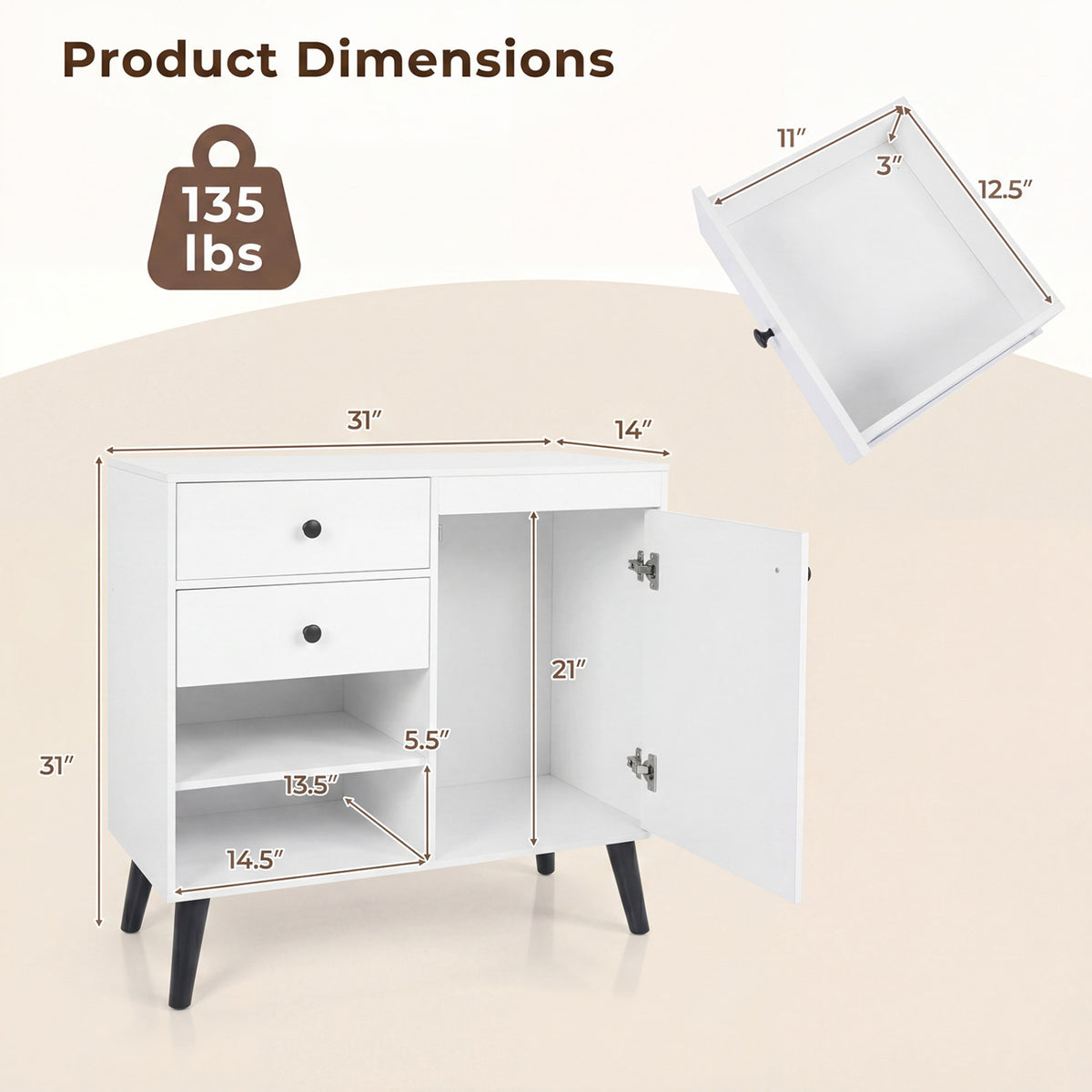 31" Sideboard Cabinet with 2 Open Compartments and 2 Drawers-White