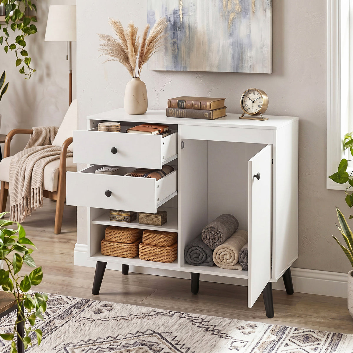 31" Sideboard Cabinet with 2 Open Compartments and 2 Drawers-White