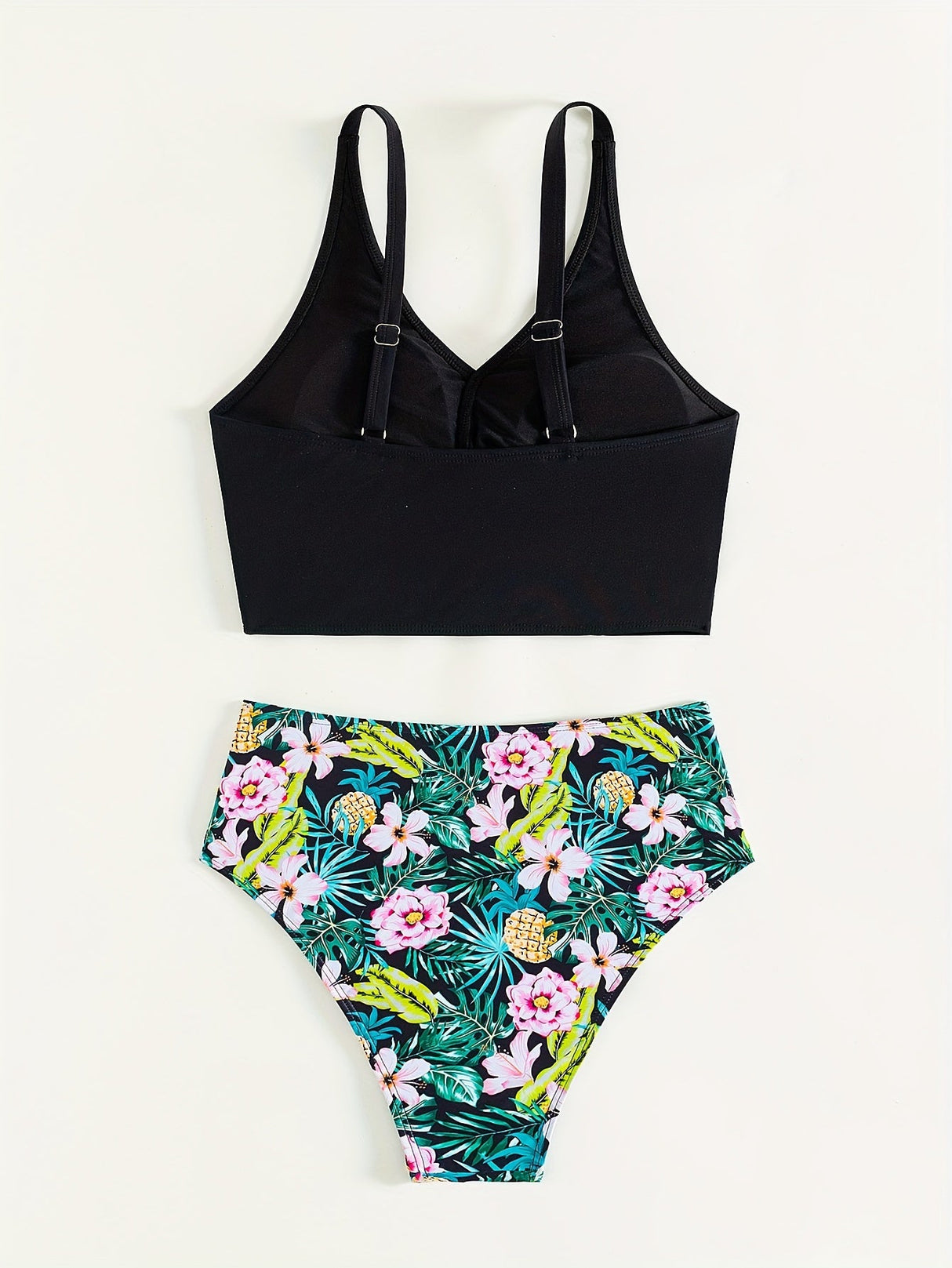 Bikini Solid Black Twist Front High Waist 2 Piece Swimsuit for Women – Stretchy V Neck Bikini Set with Ruched Tummy Control and Cross Strape Detail – Quick Drying Polyamide Swimwear for Beachwear Poolside and Summer Travel