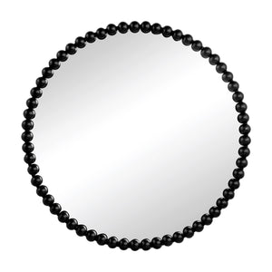 A circle mirror featuring a metal frame adorned with evenly spaced small black beads, perfect for the living room, bedroom, or entryway.