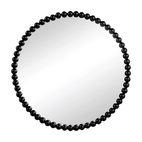 A circle mirror featuring a metal frame adorned with evenly spaced small black beads, perfect for the living room, bedroom, or entryway.