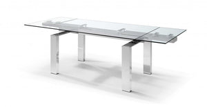 63" Clear and Silver Glass and Stainless Steel Self-Storing Leaf Dining Table