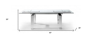 63" Clear and Silver Glass and Stainless Steel Self-Storing Leaf Dining Table