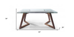 63" Clear and Brown Glass and Solid Wood Self-Storing Leaf Dining Table