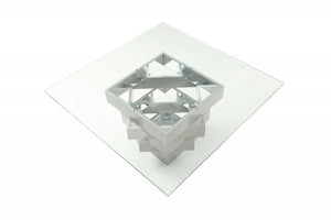 59" Clear And Gray Square Glass And Solid Wood Pedestal Base Dining Table