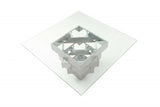 59" Clear And Gray Square Glass And Solid Wood Pedestal Base Dining Table