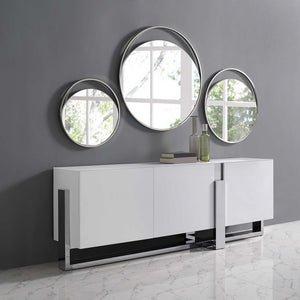 91" White Glass and Stainless Steel Frame Console Table