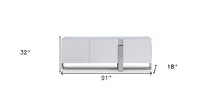 91" White Glass and Stainless Steel Frame Console Table