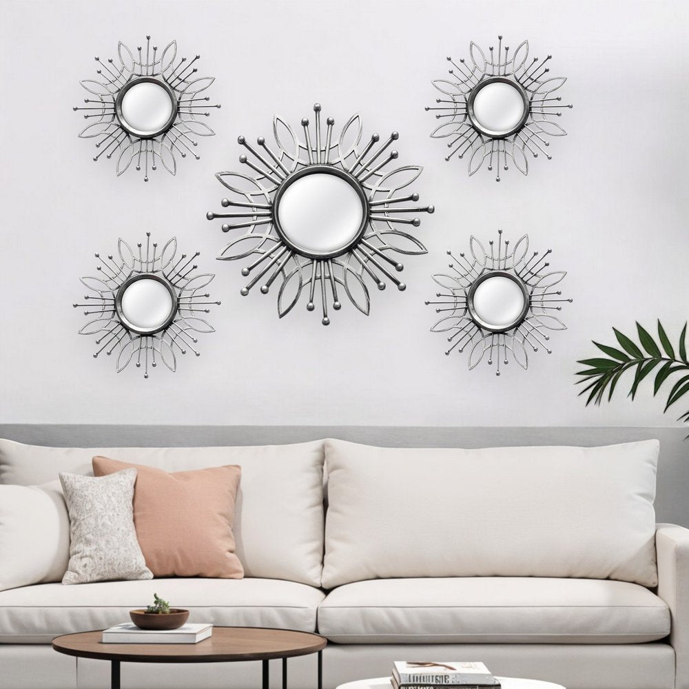 Set of Five Silver Sunburst Metal Framed Mirror Set