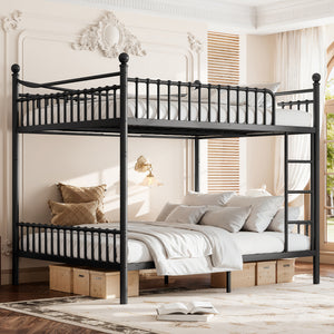 Queen over Queen Metal Bunk Bed with Curved Guardrails and Round-Tube Frame, No Box Spring Required, Black