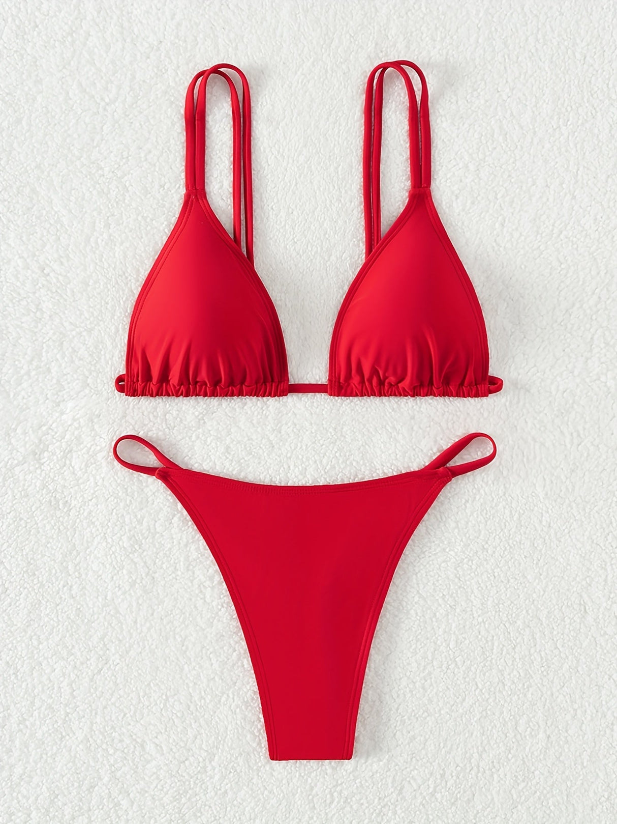 Bikini Solid Color Triangle V Neck 2 Piece Bikini Set for Women – Stretchy Double Strap Tie Back V String Swimwear with Lace Up Detail – Flattering Beach Vacation Swimsuit for Confident Summer Style and Poolside Fashion