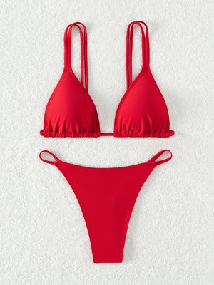 Bikini Solid Color Triangle V Neck 2 Piece Bikini Set for Women – Stretchy Double Strap Tie Back V String Swimwear with Lace Up Detail – Flattering Beach Vacation Swimsuit for Confident Summer Style and Poolside Fashion