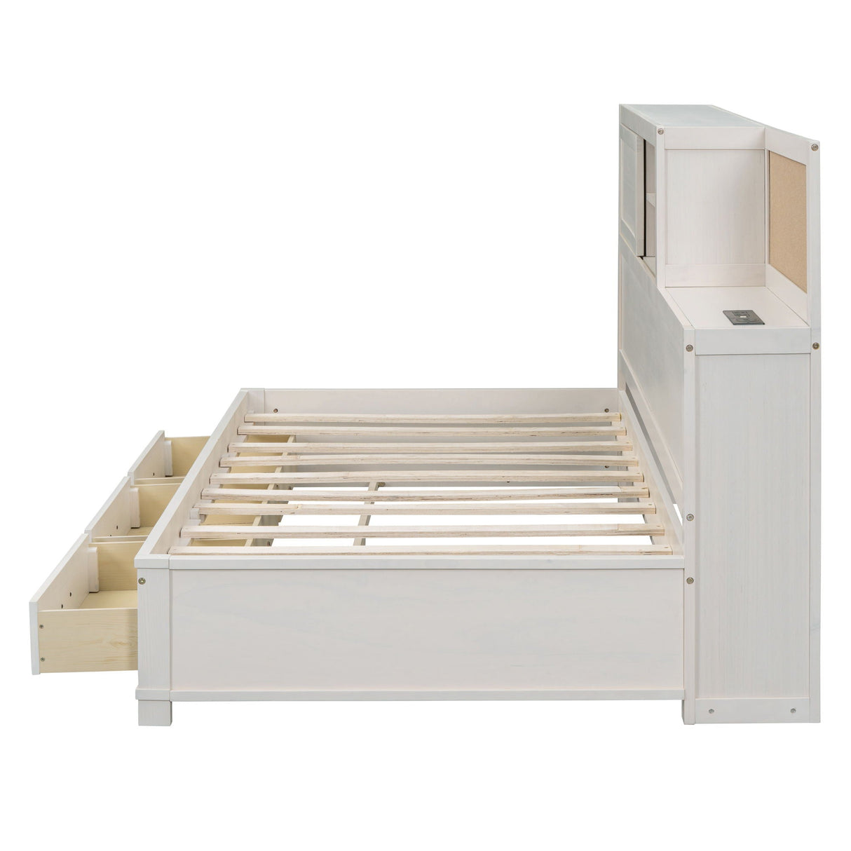Twin Size Daybed With 3 Storage Drawers, Upper Soft Board, Shelf, And A Set Of Sockets And USB Ports - White by Couch.com