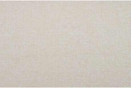 A close-up view of the Elis Wheat 73 Inch Chesterfield Loveseat showcases its light beige fabric featuring a subtle, woven texture. The upholstery appears smooth and uniform, presenting a slightly grainy pattern.