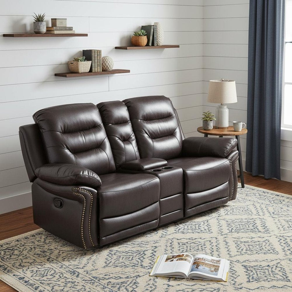 75" Brown Faux Leather Manual Reclining Love Seat With Storage