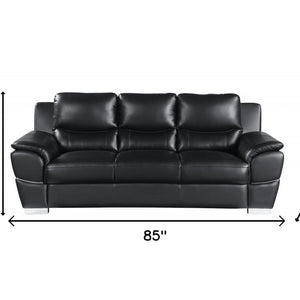 85" Black Leather Sofa With Silver Legs