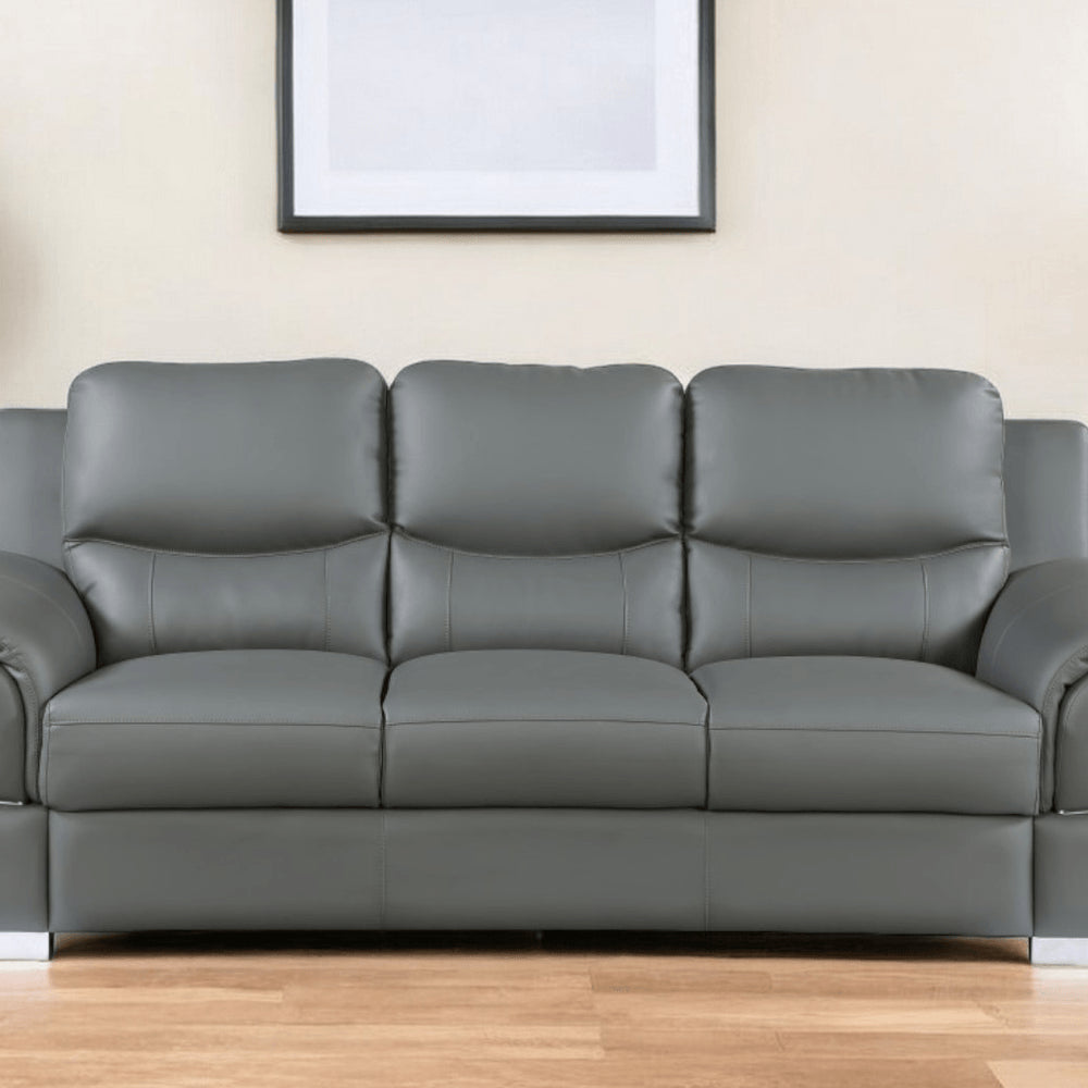 85" Gray Leather Sofa With Silver Legs