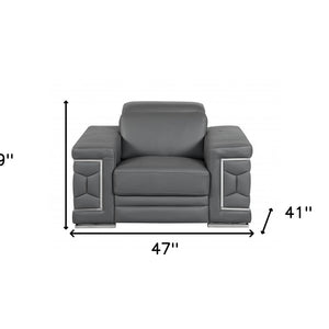47" Dark Gray And Silver Genuine Leather Arm Chair