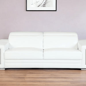 89" White Italian Leather Sofa With Silver Legs